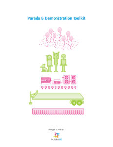 parade and demonstration toolkit. graphic shows balloons, platform, decorations, lights, and sound system
