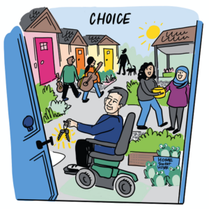 An illustration of a community as seen through a door to the outside. There are people with pets, musical instruments, sharing food, and holding the keys to their home.