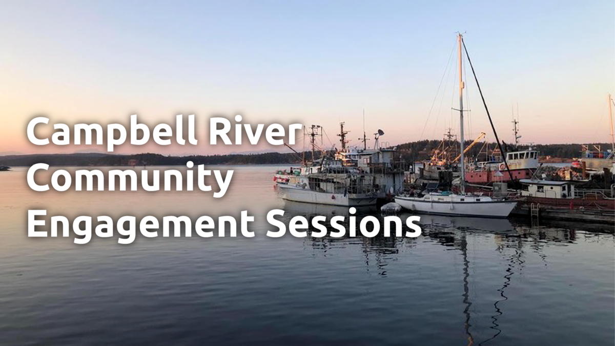 a marina at Campbell River at sunset. The sky is clear of clouds and a steady gradient of blue to light orange. sailboats crowded at the docks on the right reflect clearly on the water. white text to the left reads "Campbell River Community Engagement Sessions"