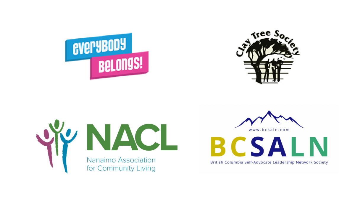 logos for the everybody belongs conference, clay tree society, nanaimo association for community living, and bc self advocate leadership network
