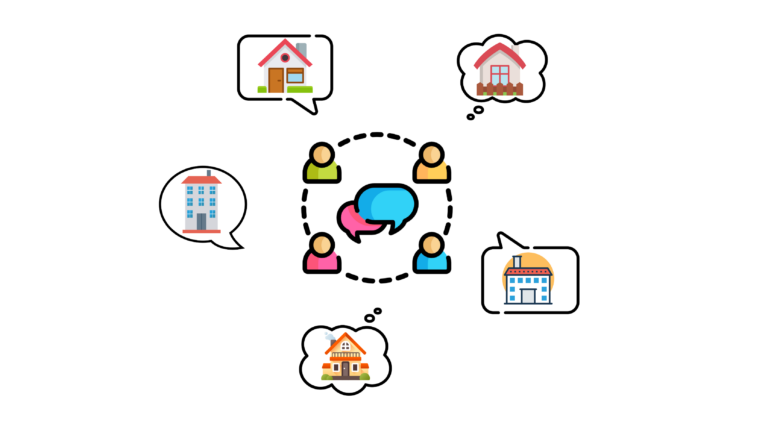 an illustration of a group of people. Speech bubbles that have houses in them surround the people.