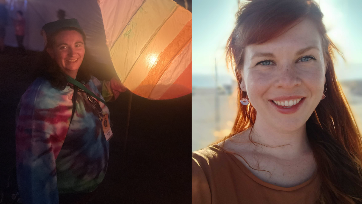 two portraits side by side. Left is of a woman with wavy brown hair wearing a tie die rainbow sweater smiling. She's outside at night where glowing rainbow lanterns are. On the right is a woman with long red hair who is outside on a sunny day wearing an orange short-sleeved shirt