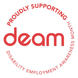 Disability employment awareness month logo. text reads: Proudly supporting DEAM. Disability employment awareness month.
