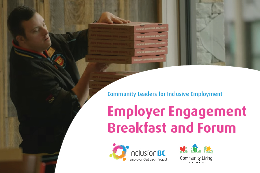 A man stacking pizza boxes behind a counter. Colourful text on a white bubble reads: Community leaders for inclusive employment. Employer engagement breakfast and forum.
