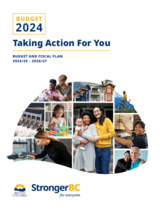 Cover of the provincial budget document. There is a collage of images of people, children, families, and communities. Text reads: Budget 2024, Taking action for you. Budget and fiscal plan 2024/25 - 2026/27, stronger BC for everyone