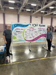 Two people standing on either side of a large whiteboard with an illustration representing a converstation. the title is Conversations in Port Alberni. there are various illustrations with accompanying text